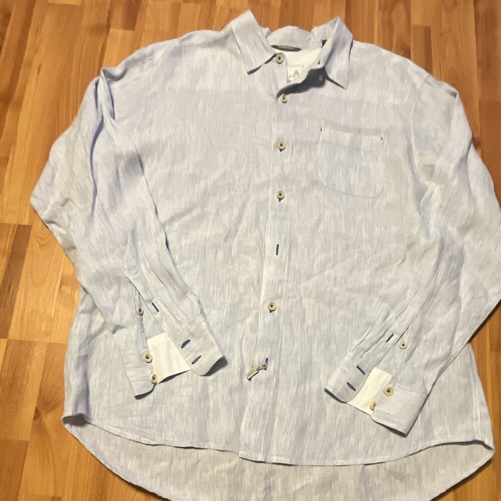 Tommy Bahama Relax Men's XL Blue/White Striped Linen Long Sleeve Button-Up Shirt